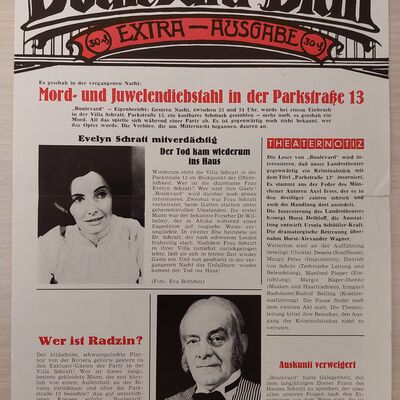 "Boulevard-Blatt Extra-Ausgabe" zu Theaterstück "Parkstraße 13"