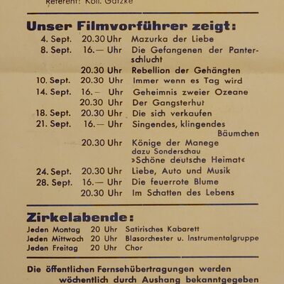 Kulturhaus Mestlin Detailansicht Veranstaltungsplan September 1958