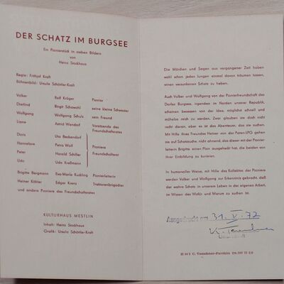 Innenseiten Programmheft "Der Schatz im Burgsee" vom Pioniertheater des Kulturhauses Mestlin
