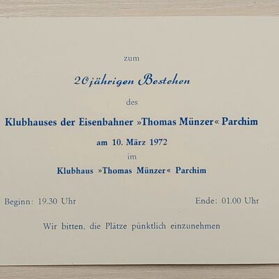 Einladung zm 20jährigen Bestehen des Klubhauses der Eisenbahner "Thomas Münzer" Parchim 1972