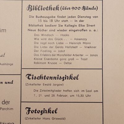 Detailansicht Veranstaltungsplan Klubhaus "Thomas Münzer" Februar 1958