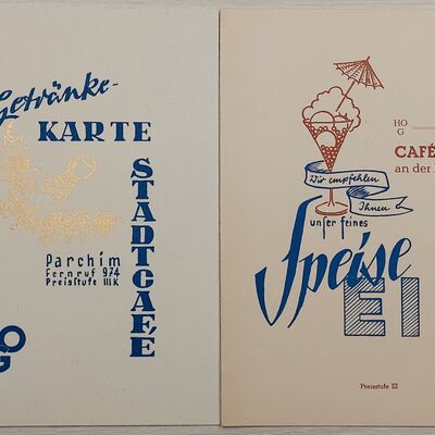 Getränkekarte "Stadtcafé" und Eiskarte "Café an der Hauptstraße"