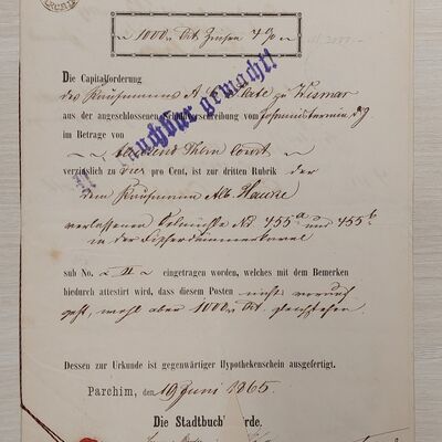 Hypothekenschein 19 Juni 1865 (Montageplan zur Weizenmühle)